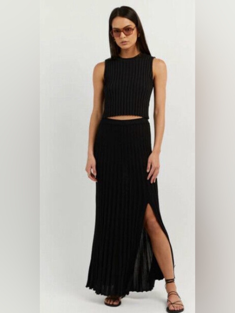 DISSH Ada Knitted Pleated Column Skirt w Side Slit & Cropped Matching Top